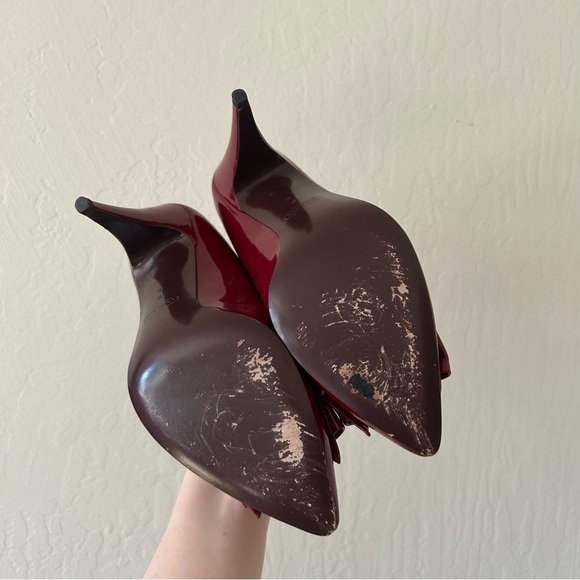 SOLD - Oxblood Red Coach Patent Leather Bow Heels - Picture 10 of 15